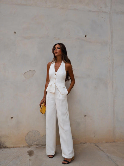 Halterneck Vest Waist Coat & Wide Leg Pants Coord Set