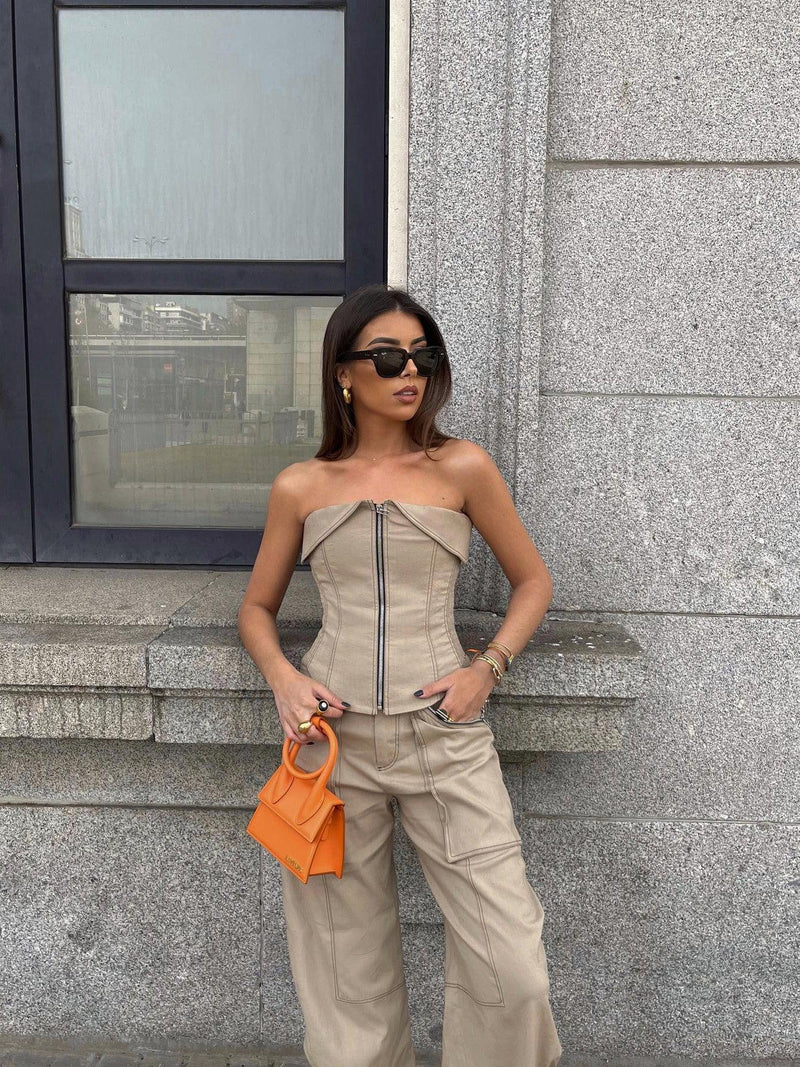 Zipper Tube Fold Top & Cargo Pants Coord Set