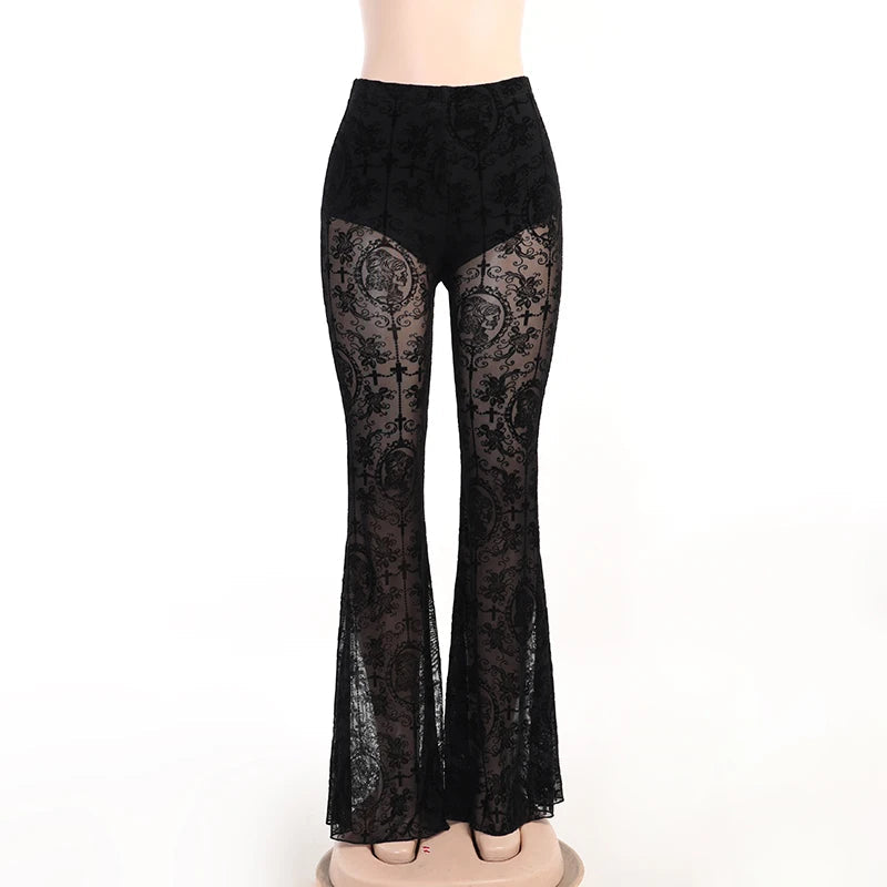 Gothic Black Summer Flare High Waist Punk Trousers Pants