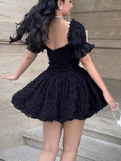 Lolita Summer High Waist Black Ball Gown Goth Aesthetic Puff Sleeve V-neck Corset Mini Dress