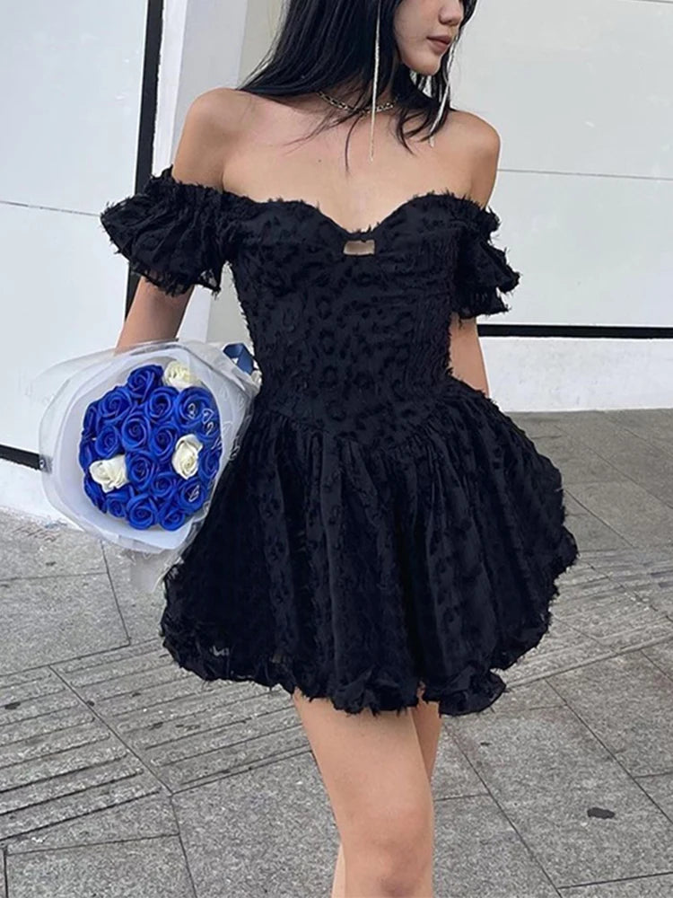 Lolita Summer High Waist Black Ball Gown Goth Aesthetic Puff Sleeve V-neck Corset Mini Dress