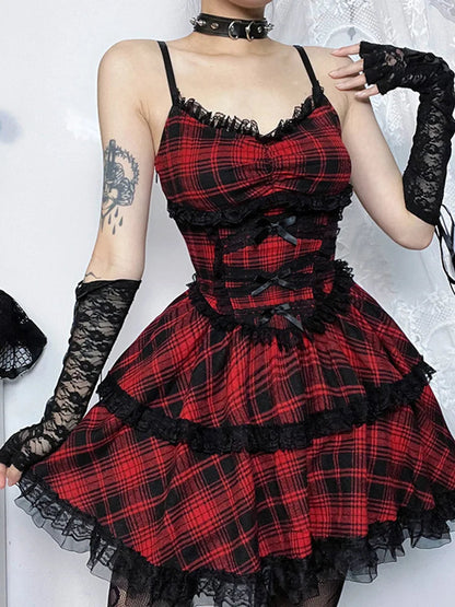 Plaid Mall Goth Grunge Punk Black Emo Party Lace Up Backless Mini Dress A-line Dress