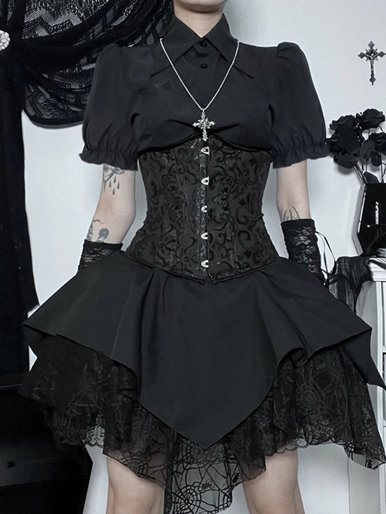 Mall Goth Mesh Black Lace Splice Ball Gown Aesthetic High Waist E Girl Skirt