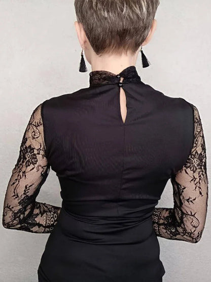 Lace Long Sleeve Bodycon Hollow Out Turtle Neck Gothic Mini Dress
