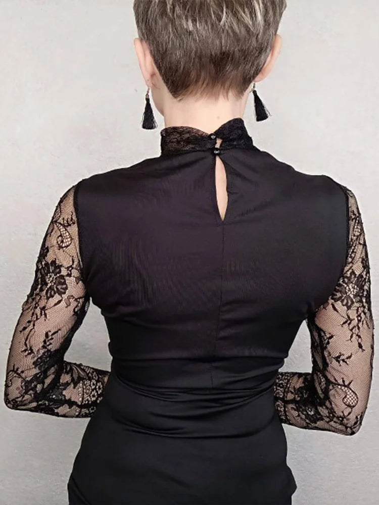 Lace Long Sleeve Bodycon Hollow Out Turtle Neck Gothic Mini Dress