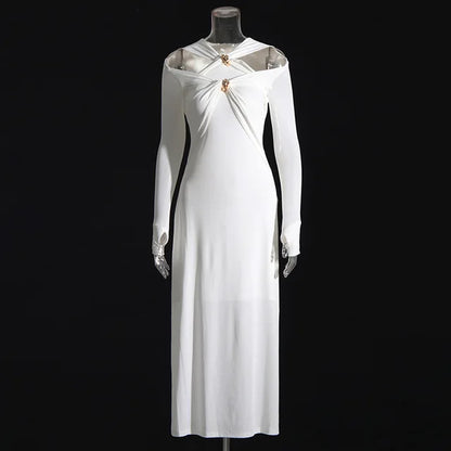 Irregular High-waist Slim-fitting Long-sleeved Dress Fashionable Metal Twist Evening Dress White Long Dresses for