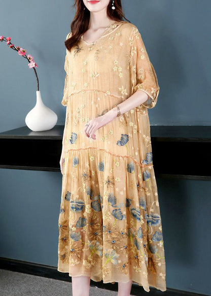 Italian Apricot Embroidered Hooded Extra Large Hem Silk Maxi Dresses Ac3040