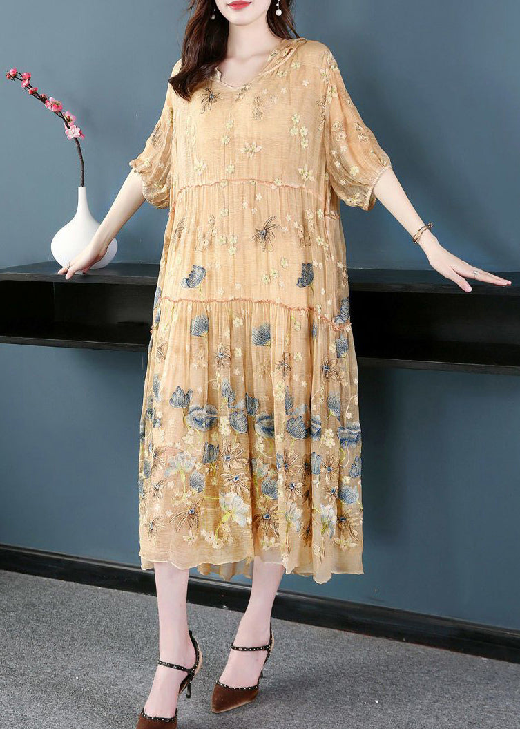 Italian Apricot Embroidered Hooded Extra Large Hem Silk Maxi Dresses Ac3040