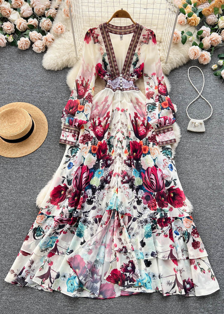 Italian Apricot V Neck Print Elastic Waist Chiffon Maxi Dresses Fall Tr041