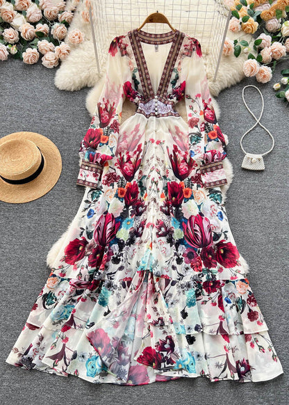 Italian Apricot V Neck Print Elastic Waist Chiffon Maxi Dresses Fall Tr041