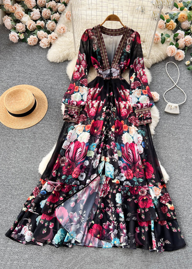 Italian Apricot V Neck Print Elastic Waist Chiffon Maxi Dresses Fall Tr041