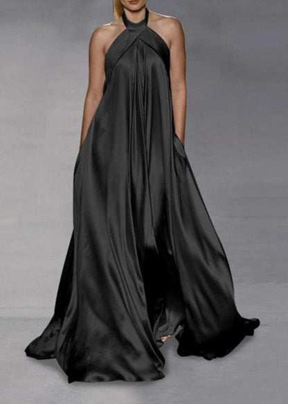 Italian Black Halter Patchwork Silk Long Dress Summer Zl059