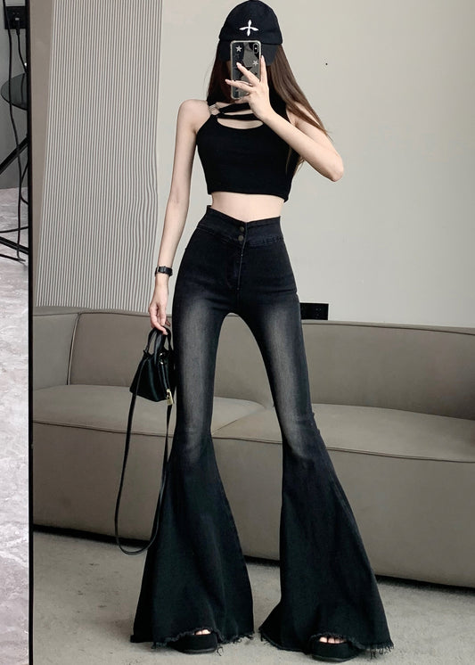 Italian Black High Waist Denim Flared Pants Trousers Spring Yp045