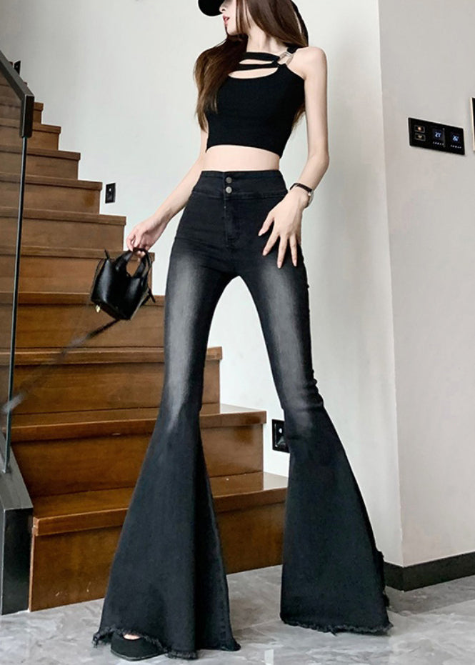 Italian Black High Waist Denim Flared Pants Trousers Spring Yp045