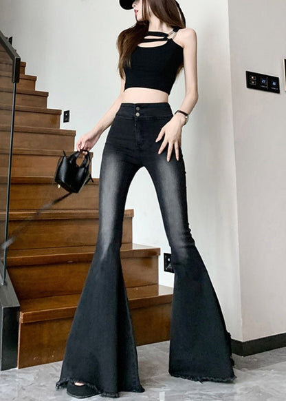 Italian Black High Waist Denim Flared Pants Trousers Spring Yp045