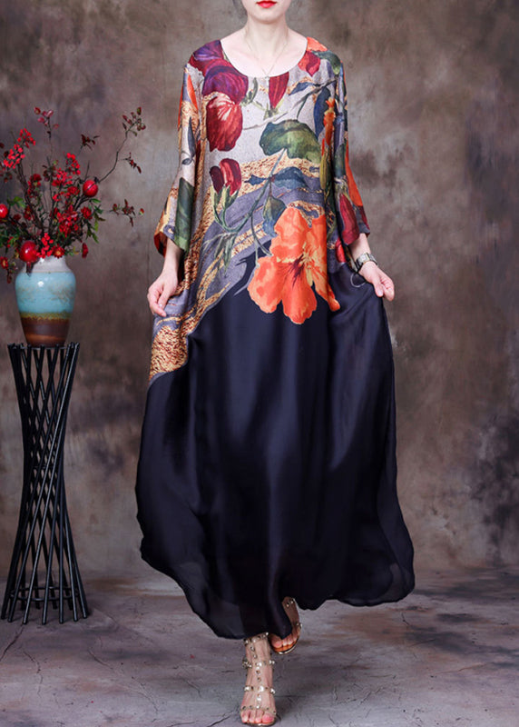Italian Black O Neck Print Pockets Silk Long Dress Summer Aa1031