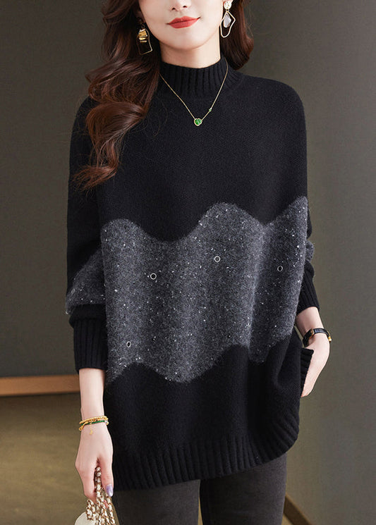 Italian Black Turtleneck Patchwork Thick Wool Knit Sweaters Winter Te034