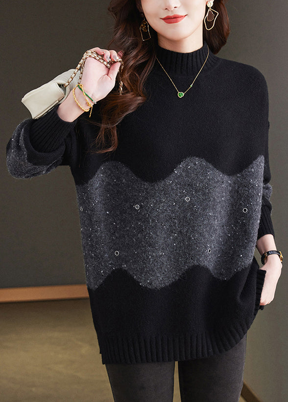 Italian Black Turtleneck Patchwork Thick Wool Knit Sweaters Winter Te034