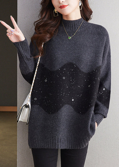 Italian Black Turtleneck Patchwork Thick Wool Knit Sweaters Winter Te034
