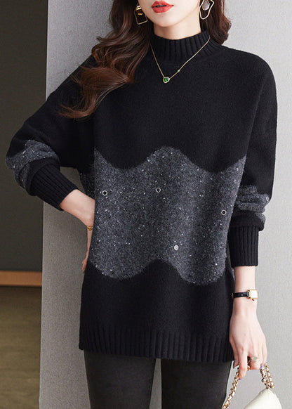 Italian Black Turtleneck Patchwork Thick Wool Knit Sweaters Winter Te034
