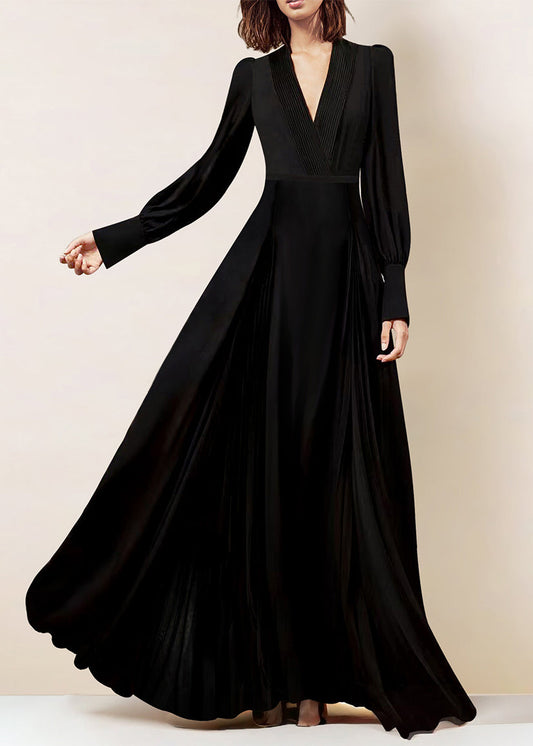 Italian Black V Neck Wrinkled Zippered Chiffon Maxi Dresses Fall Am1028