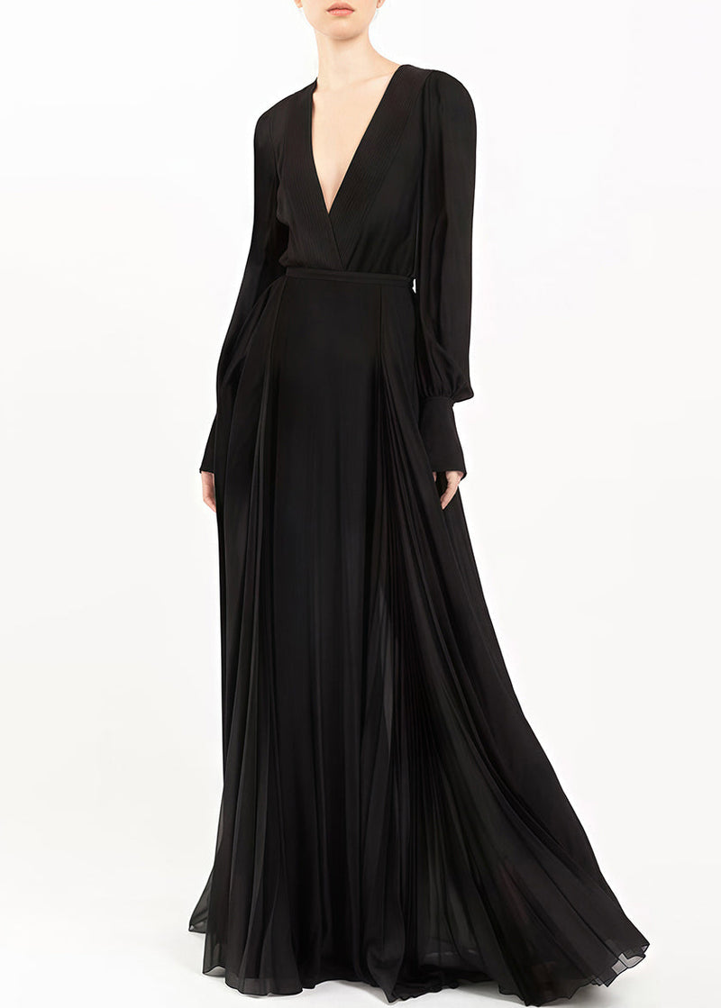 Italian Black V Neck Wrinkled Zippered Chiffon Maxi Dresses Fall Am1028