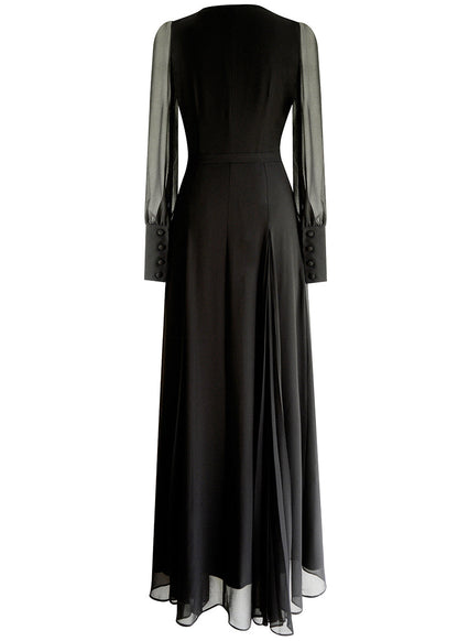 Italian Black V Neck Wrinkled Zippered Chiffon Maxi Dresses Fall Am1028