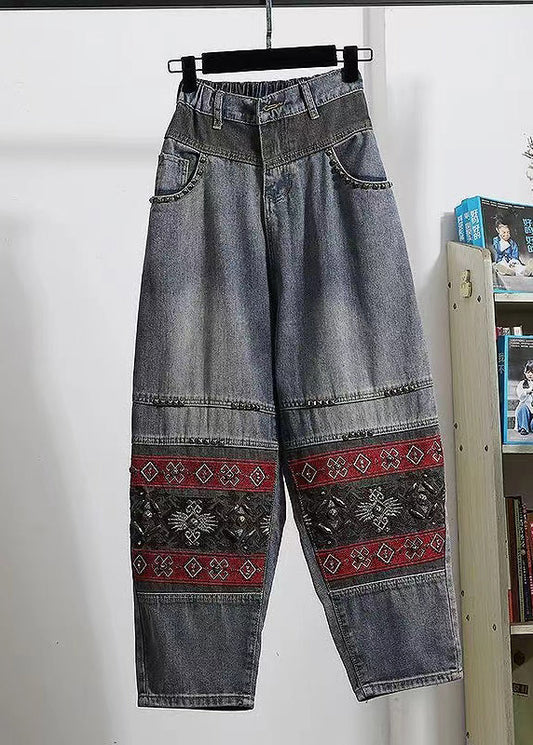 Italian Blue Embroidered Pockets Patchwork Denim Pants Spring Qq1050