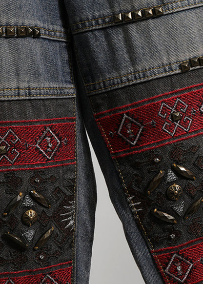 Italian Blue Embroidered Pockets Patchwork Denim Pants Spring Qq1050
