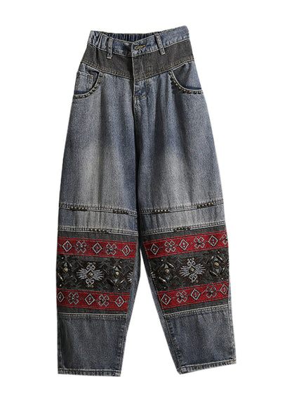 Italian Blue Embroidered Pockets Patchwork Denim Pants Spring Qq1050