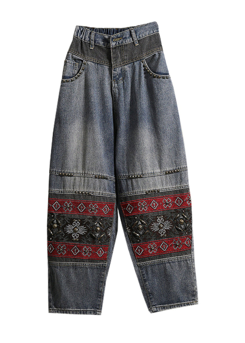 Italian Blue Embroidered Pockets Patchwork Denim Pants Spring Qq1050