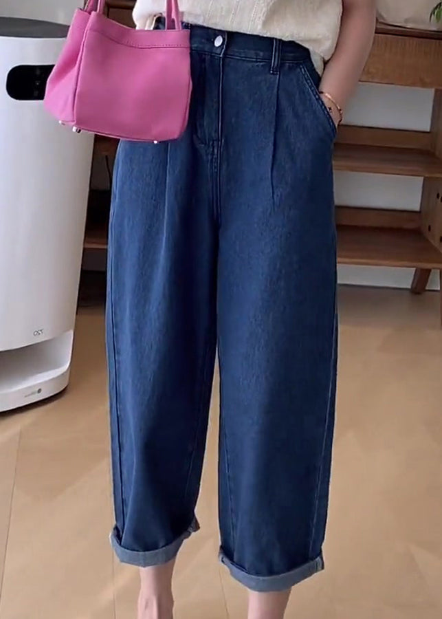 Italian Blue Pockets Denim Wide Leg Pants Summer Bv053