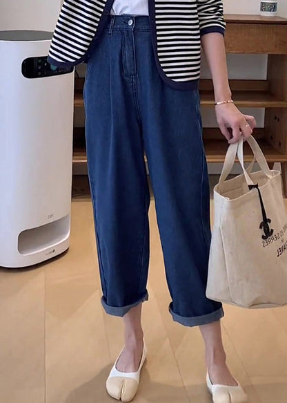 Italian Blue Pockets Denim Wide Leg Pants Summer Bv053
