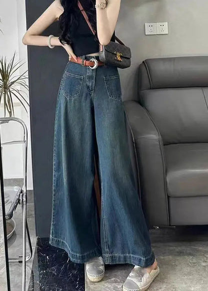 Italian Blue Pockets High Waist Denim Wide Leg Pants Spring Ha1056