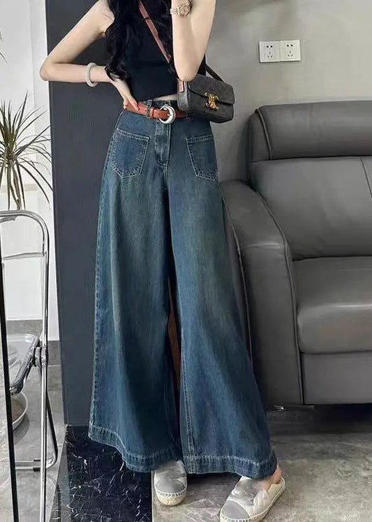 Italian Blue Pockets High Waist Denim Wide Leg Pants Spring Ha1056