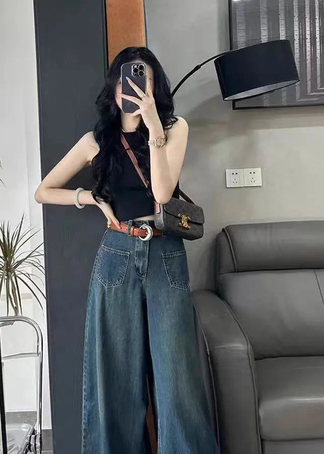 Italian Blue Pockets High Waist Denim Wide Leg Pants Spring Ha1056