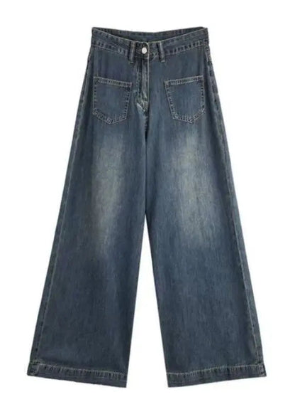Italian Blue Pockets High Waist Denim Wide Leg Pants Spring Ha1056