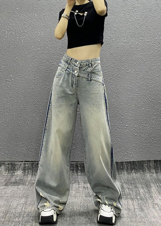 Italian Blue Pockets Patchwork Denim Wide Leg Pants Fall Ri003