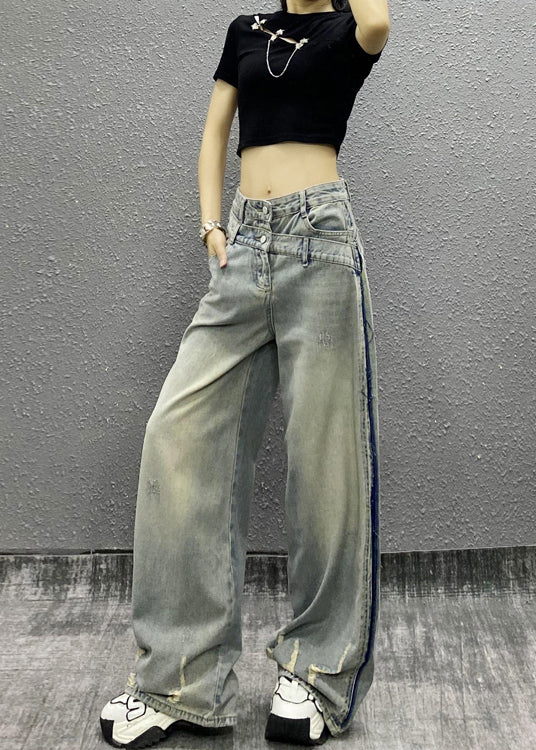 Italian Blue Pockets Patchwork Denim Wide Leg Pants Fall Ri003