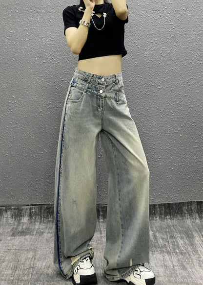 Italian Blue Pockets Patchwork Denim Wide Leg Pants Fall Ri003