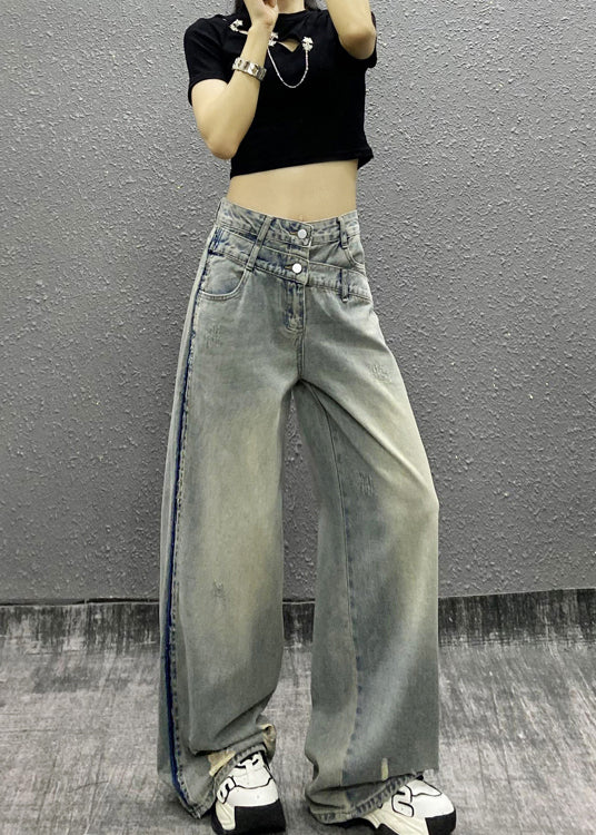 Italian Blue Pockets Patchwork Denim Wide Leg Pants Fall Ri003