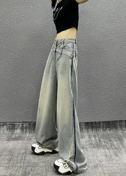 Italian Blue Pockets Patchwork Denim Wide Leg Pants Fall Ri003