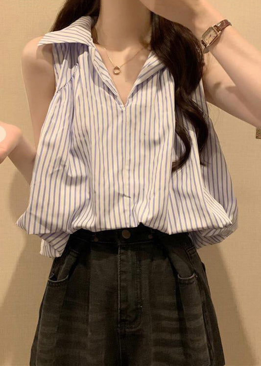 Italian Blue Striped Peter Pan Collar Cotton Blouses Sleeveless Op1037