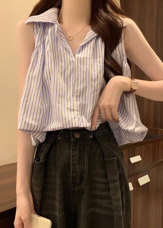 Italian Blue Striped Peter Pan Collar Cotton Blouses Sleeveless Op1037