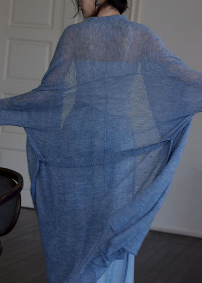 Italian Blue Tie Waist Asymmetrical Woolen Cardigans Fall We009