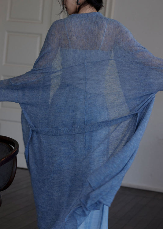 Italian Blue Tie Waist Asymmetrical Woolen Cardigans Fall We009