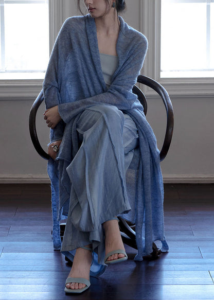 Italian Blue Tie Waist Asymmetrical Woolen Cardigans Fall We009