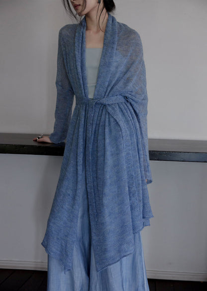 Italian Blue Tie Waist Asymmetrical Woolen Cardigans Fall We009