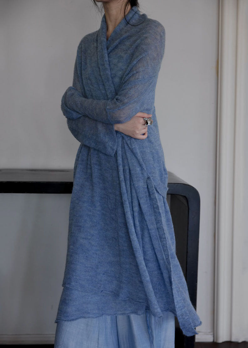 Italian Blue Tie Waist Asymmetrical Woolen Cardigans Fall We009