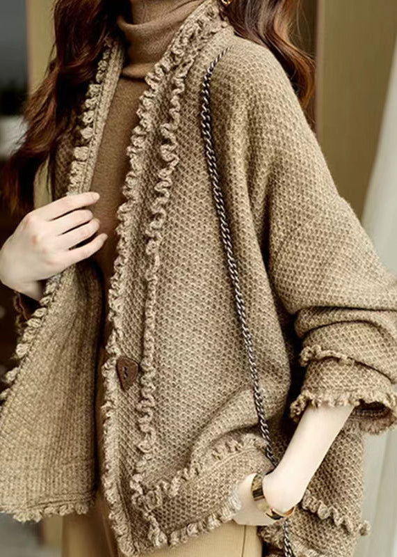 Italian Camel V Neck Ruffled Patchwork Knit Cardigans Fall Wn028